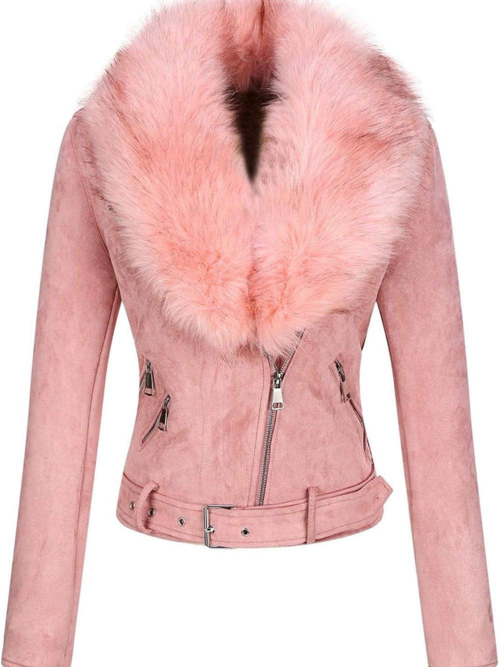 Blush Pink Faux Suede Moto Jacket with Plush Faux Fur Collar